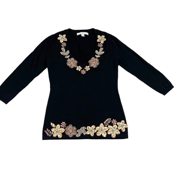 Boston Proper Black Beaded Embroidered Floral V Neck Sweater XS So Soft! - Picture 2 of 14